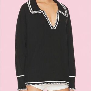 NWT SNDYS Arlington Collared Sweater in Black w/ White Contrast Stitch Sz XL